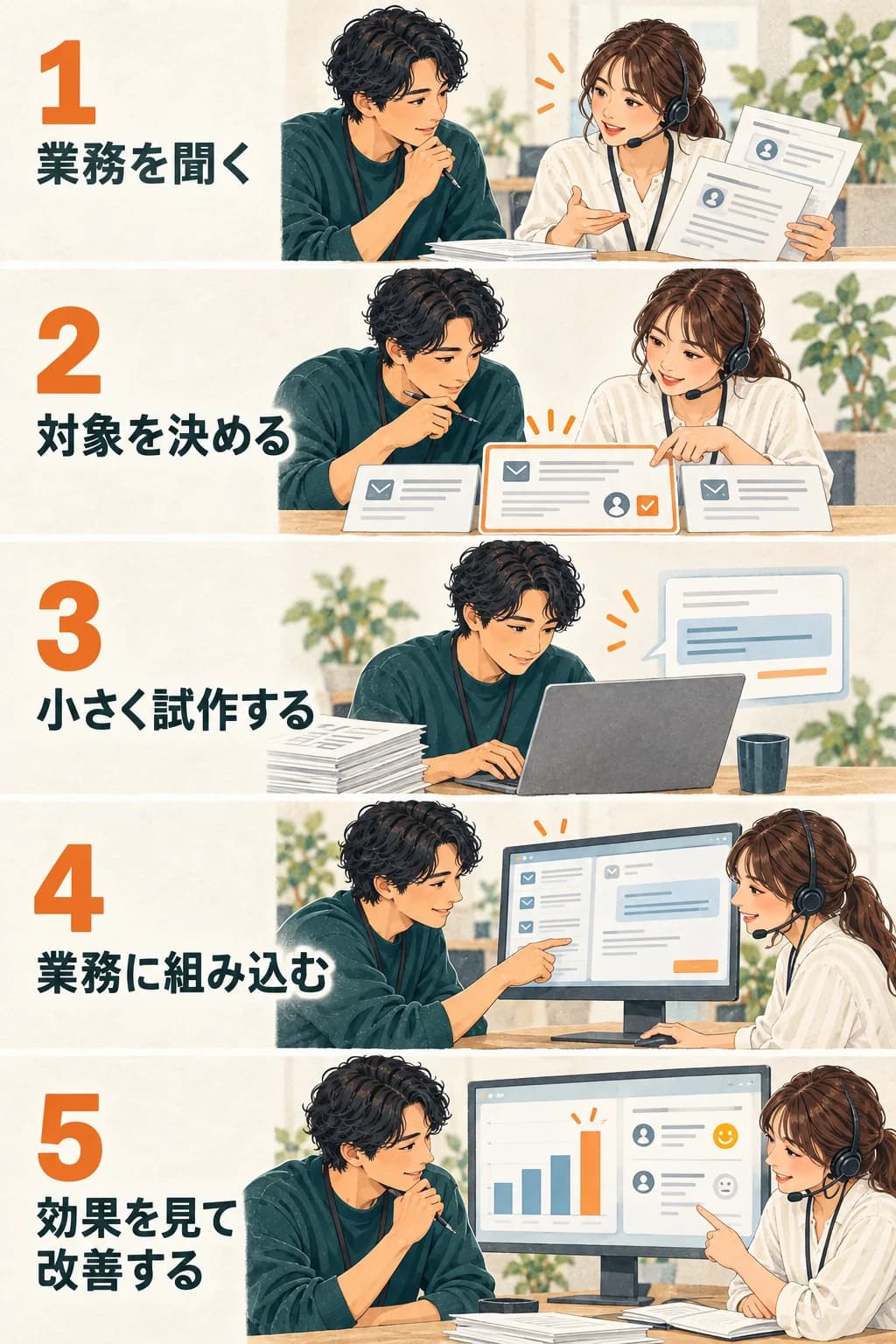 問い合わせ改善の5段階。1業務を聞く、2対象を決める、3小さく試作する、4業務に組み込む、5効果を見て改善する